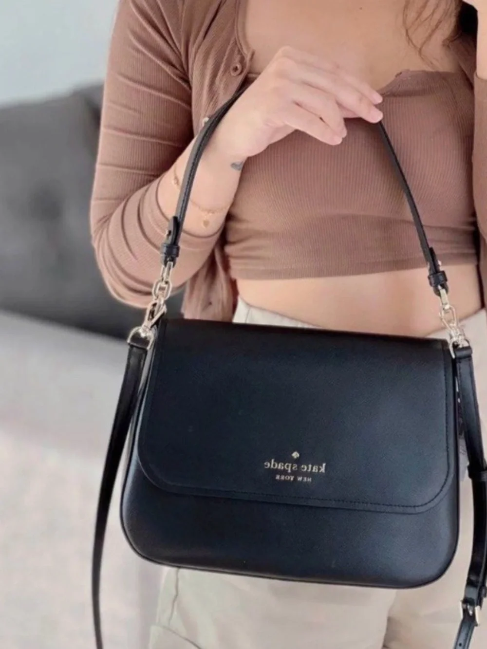 kate spade New York Shoulder Bag Crossbody Purse Black Saffiano Leather Gold